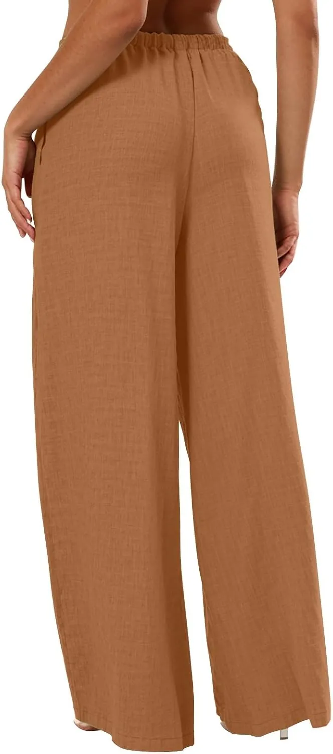 Linen Pants Women Summer Drawstring Waist Wide Leg Pants Loose Cotton Linen Palazzo Pants Casual Beach Long Pants