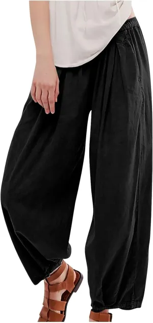 Linen Pants Women Wide Leg Pants 2024 Trendy Elastic Waist Pants Summer Flowy Casual Trousers Pants