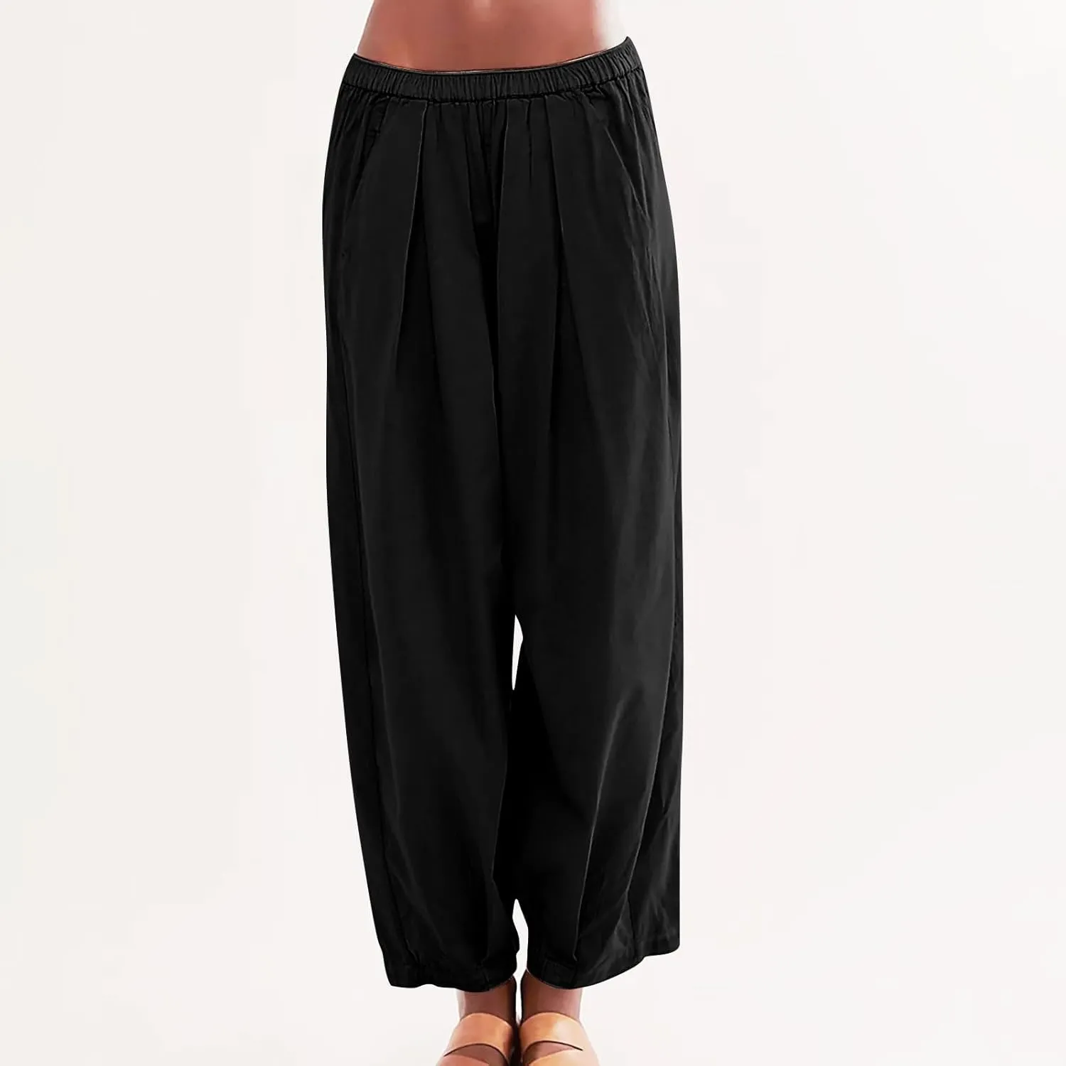 Linen Pants Women Wide Leg Pants 2024 Trendy Elastic Waist Pants Summer Flowy Casual Trousers Pants