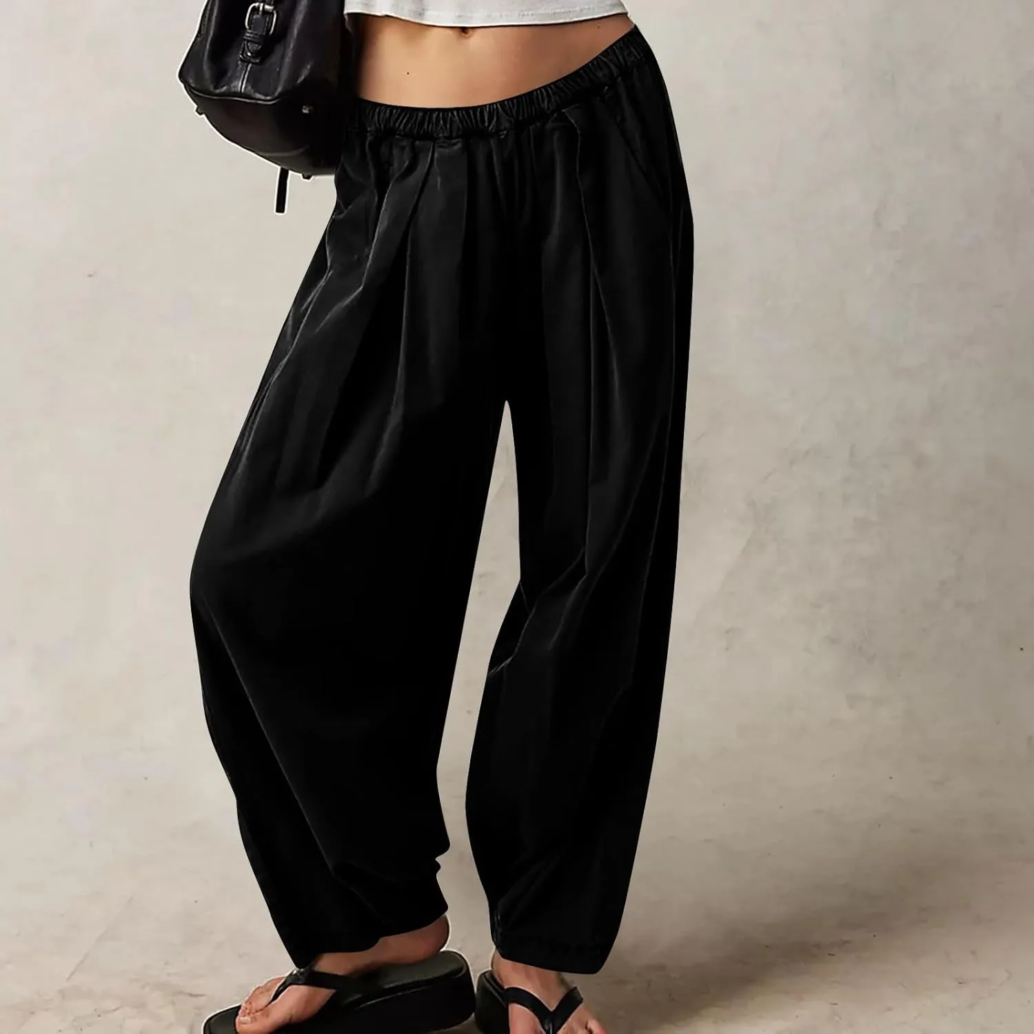 Linen Pants Women Wide Leg Pants 2024 Trendy Elastic Waist Pants Summer Flowy Casual Trousers Pants