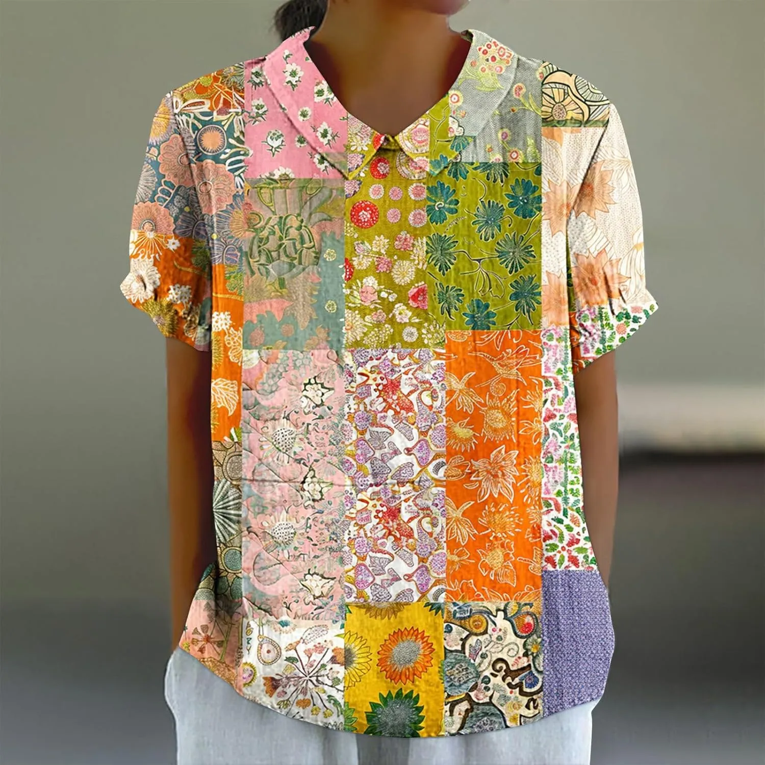 Linen Shirt for Womens Summer Tops Dressy Casual Printed V Neck Blouse Loose Fit Short Sleeve T Shirt Plus Size M-5xl