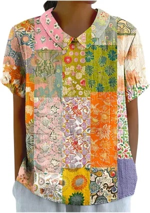Linen Shirt for Womens Summer Tops Dressy Casual Printed V Neck Blouse Loose Fit Short Sleeve T Shirt Plus Size M-5xl