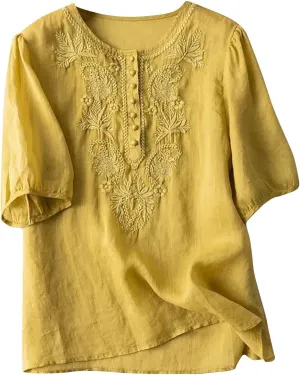 Linen Shirt Women Summer Flowy Elbow Sleeve Shirts Cute Vintage Embroidered Top Button Short Henley Tee Dressy Blouse