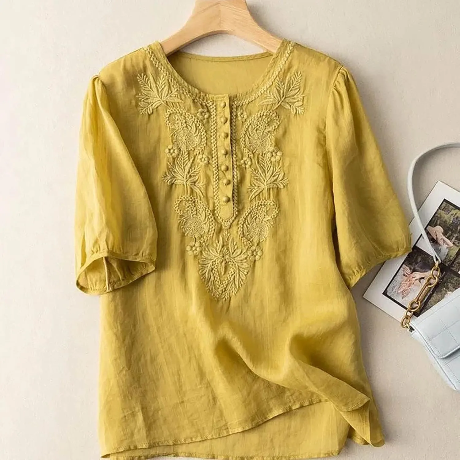 Linen Shirt Women Summer Flowy Elbow Sleeve Shirts Cute Vintage Embroidered Top Button Short Henley Tee Dressy Blouse
