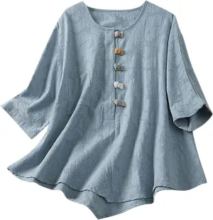 Linen Shirt Women Summer Flowy Elbow Sleeve Shirts Cute Vintage Embroidered Top Button Short Henley Tee Dressy Blouse