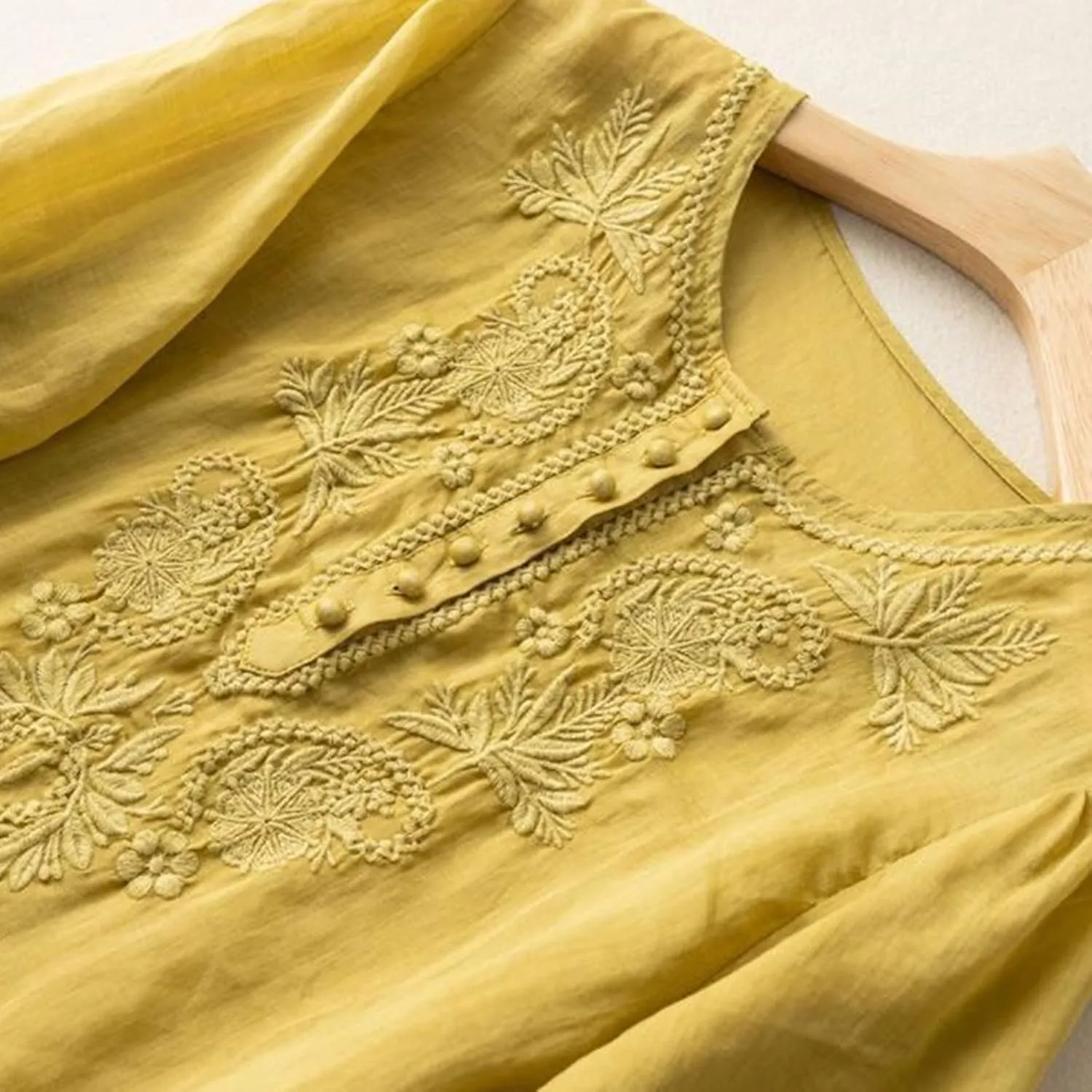 Linen Shirt Women Summer Flowy Elbow Sleeve Shirts Cute Vintage Embroidered Top Button Short Henley Tee Dressy Blouse
