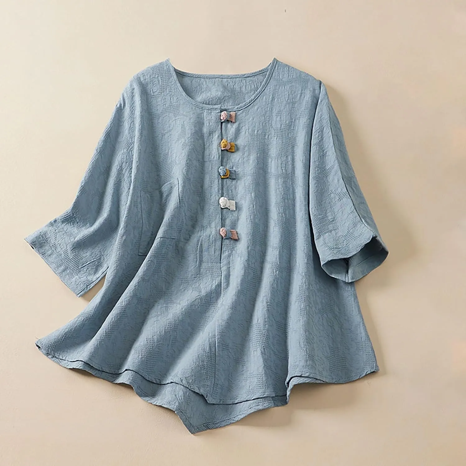 Linen Shirt Women Summer Flowy Elbow Sleeve Shirts Cute Vintage Embroidered Top Button Short Henley Tee Dressy Blouse