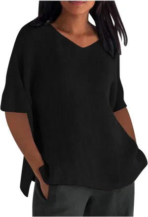 Linen Shirts for Women 2025 Basic 3/4 Sleeve Tops Summer Casual Round Neck Solid Pullover Blouse Ladies Tunic Tshirt