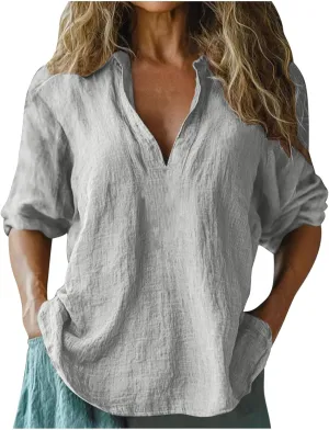 Linen Shirts for Women Cute Boho Floral Graphic Tees Summer 3/4 Length Sleeve V Neck Tunic Blouses Casual Tshirts