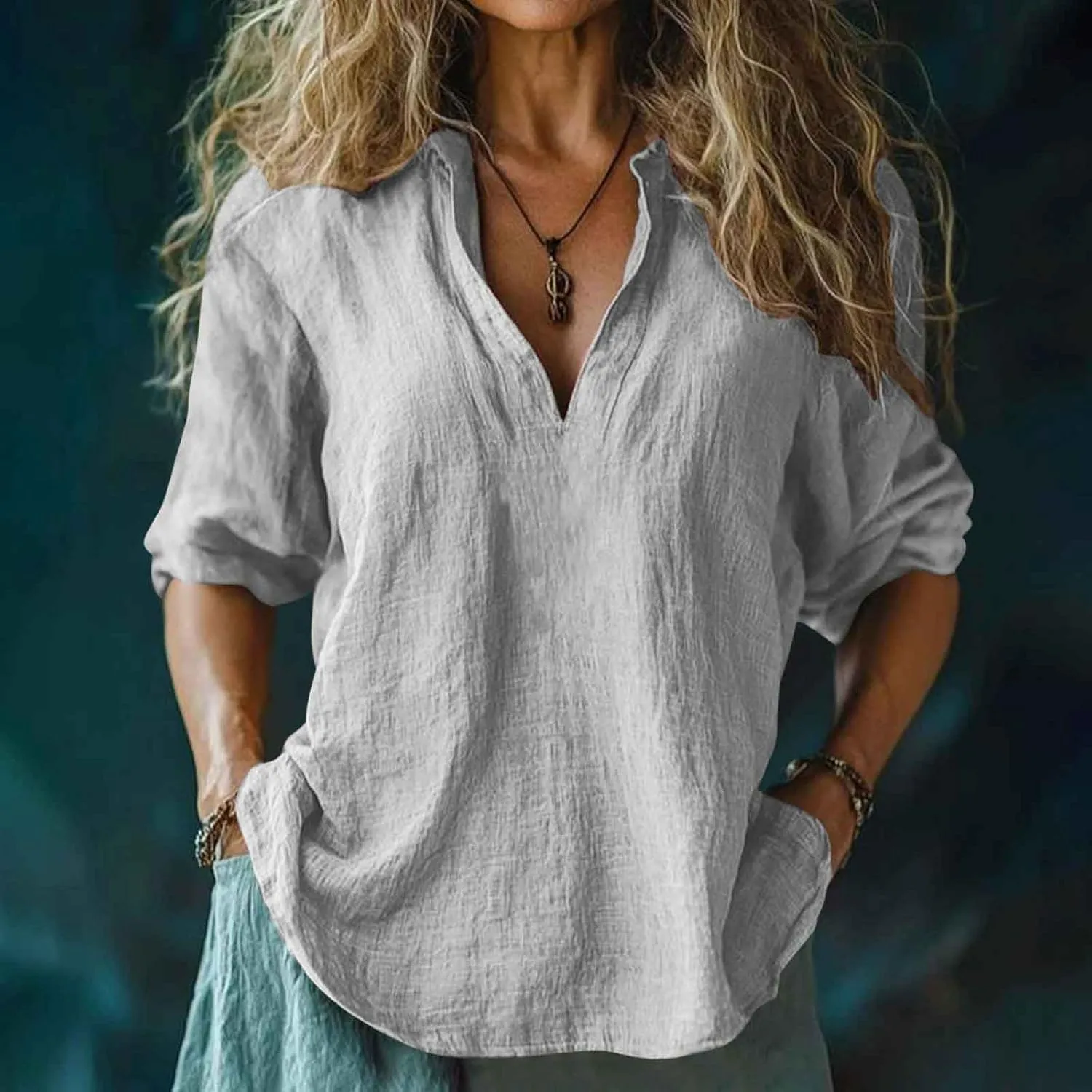 Linen Shirts for Women Cute Boho Floral Graphic Tees Summer 3/4 Length Sleeve V Neck Tunic Blouses Casual Tshirts