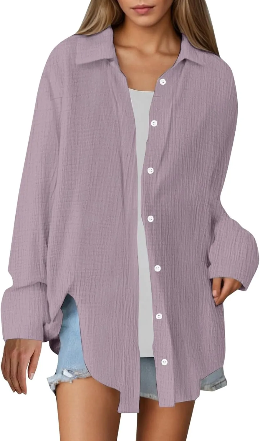 Linen Shirts for Women Summer Oversized Long Sleeve Lapel Button Down Shirt Lightweight Gauze Tops Loose Casual Blouses