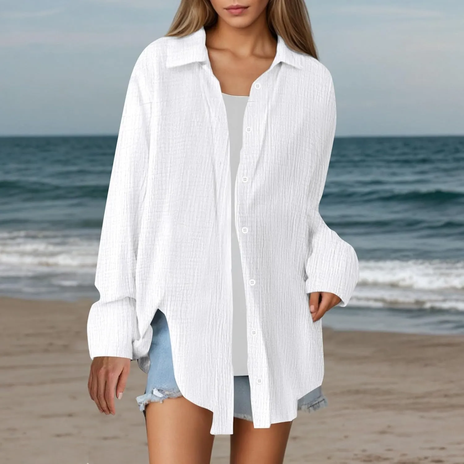 Linen Shirts for Women Summer Oversized Long Sleeve Lapel Button Down Shirt Lightweight Gauze Tops Loose Casual Blouses