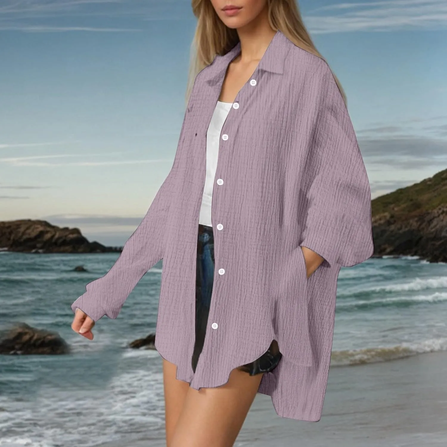 Linen Shirts for Women Summer Oversized Long Sleeve Lapel Button Down Shirt Lightweight Gauze Tops Loose Casual Blouses