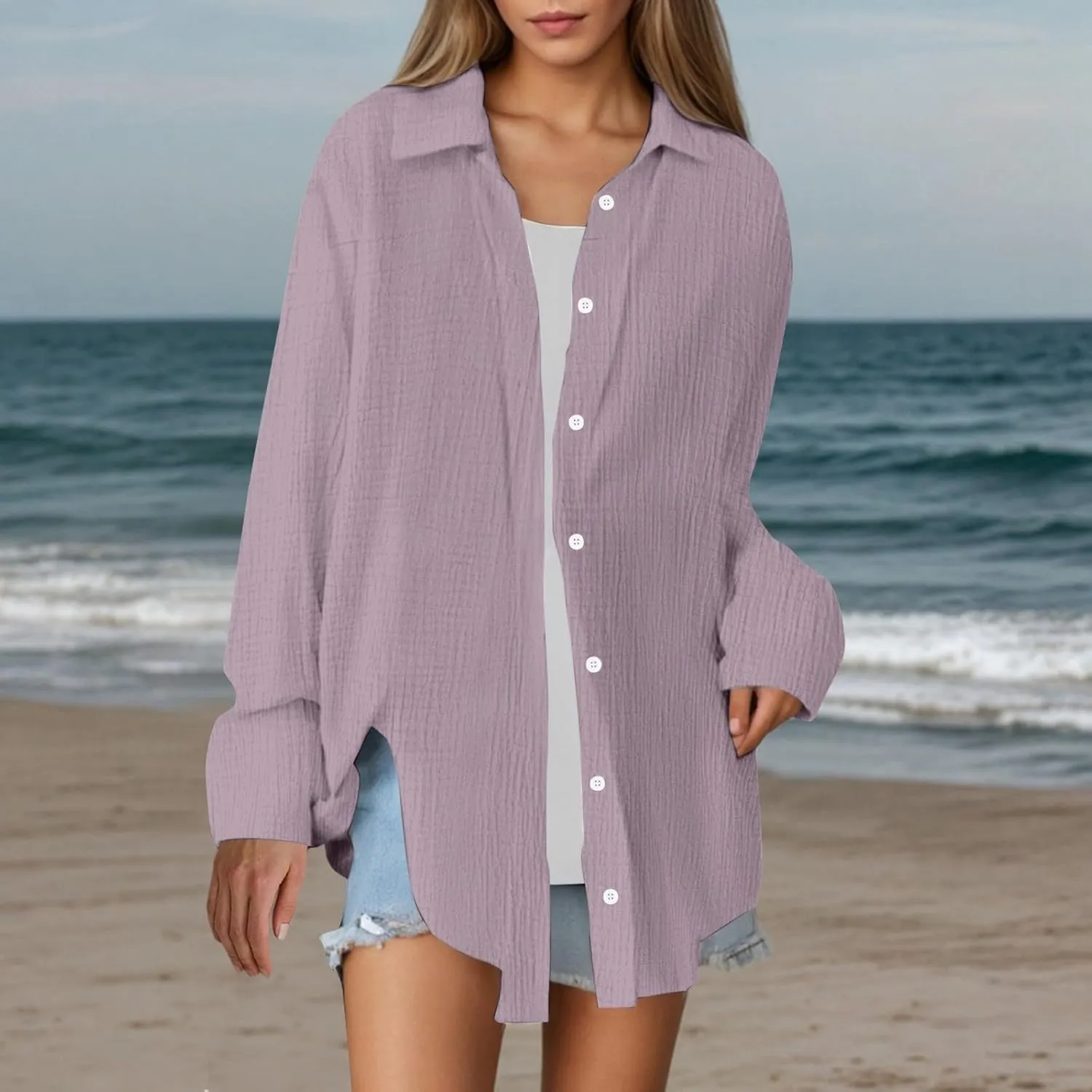 Linen Shirts for Women Summer Oversized Long Sleeve Lapel Button Down Shirt Lightweight Gauze Tops Loose Casual Blouses