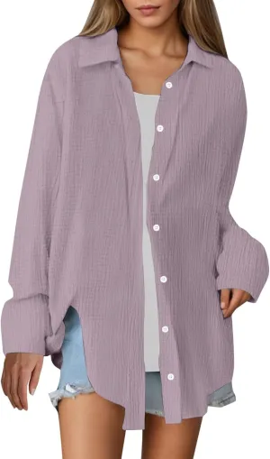 Linen Shirts for Women Summer Oversized Long Sleeve Lapel Button Down Shirt Lightweight Gauze Tops Loose Casual Blouses