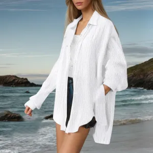 Linen Shirts for Women Summer Oversized Long Sleeve Lapel Button Down Shirt Lightweight Gauze Tops Loose Casual Blouses