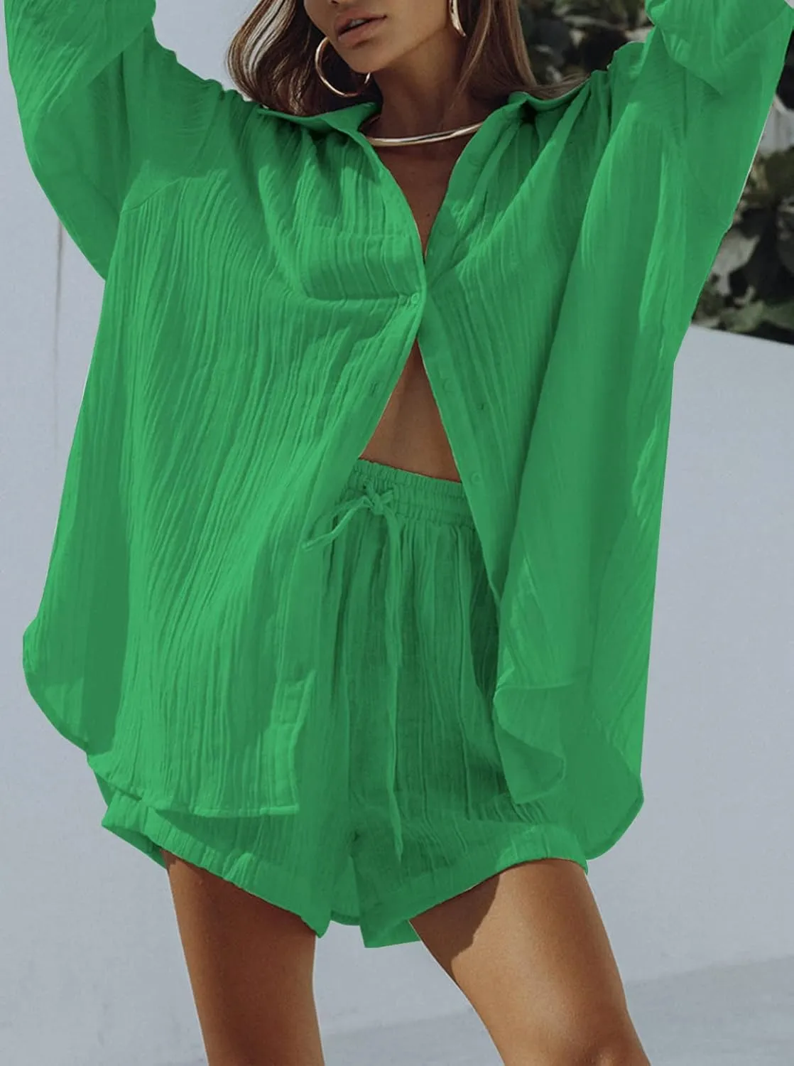 Linsery 2 Piece Summer Outfits Button Down Shirt Top and Shorts Casual Lounge Sets