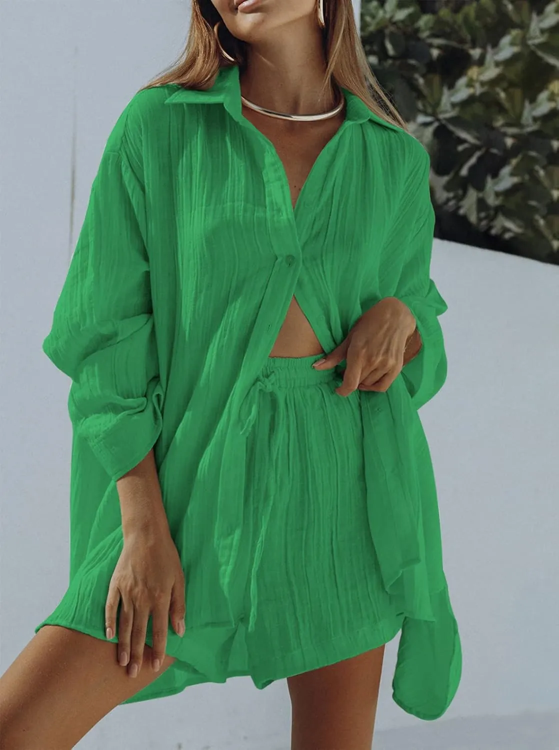 Linsery 2 Piece Summer Outfits Button Down Shirt Top and Shorts Casual Lounge Sets