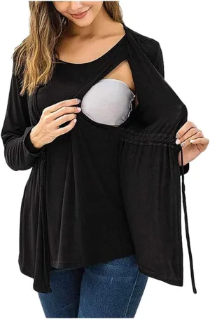 Long Sleeve Maternity Shirts for Women Tie Front Wrap Nursing Tops Double Layer Breastfeeding Blouse Clothes