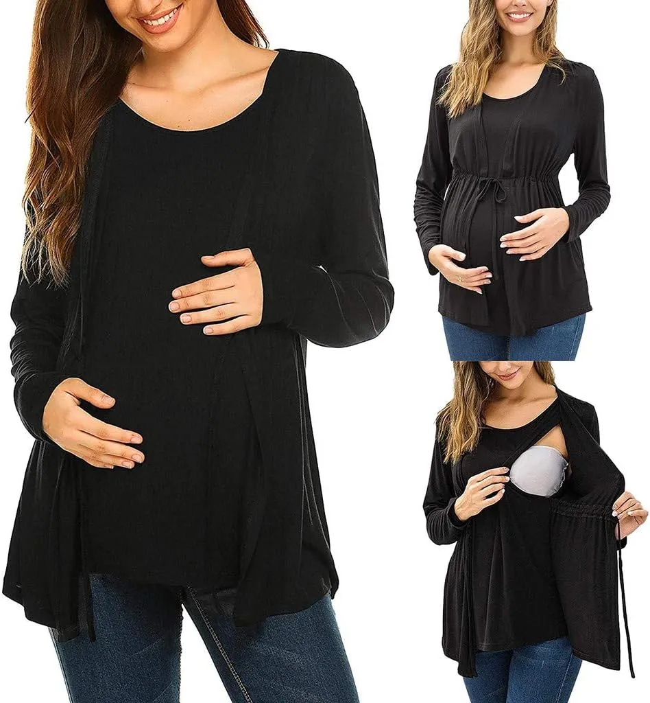 Long Sleeve Maternity Shirts for Women Tie Front Wrap Nursing Tops Double Layer Breastfeeding Blouse Clothes