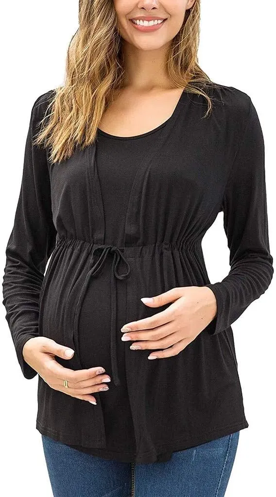 Long Sleeve Maternity Shirts for Women Tie Front Wrap Nursing Tops Double Layer Breastfeeding Blouse Clothes