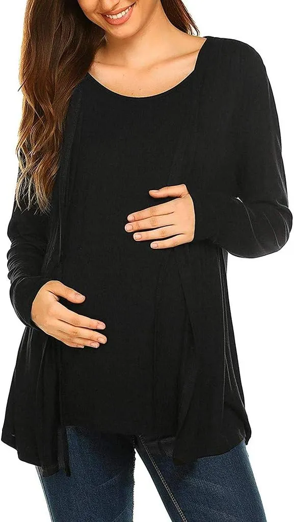 Long Sleeve Maternity Shirts for Women Tie Front Wrap Nursing Tops Double Layer Breastfeeding Blouse Clothes
