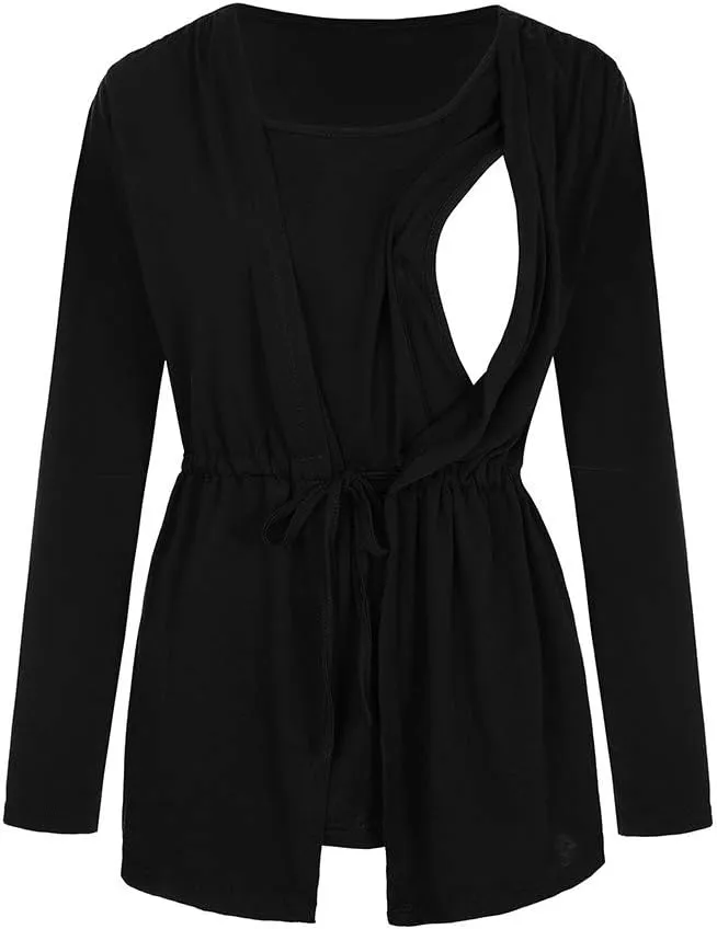 Long Sleeve Maternity Shirts for Women Tie Front Wrap Nursing Tops Double Layer Breastfeeding Blouse Clothes