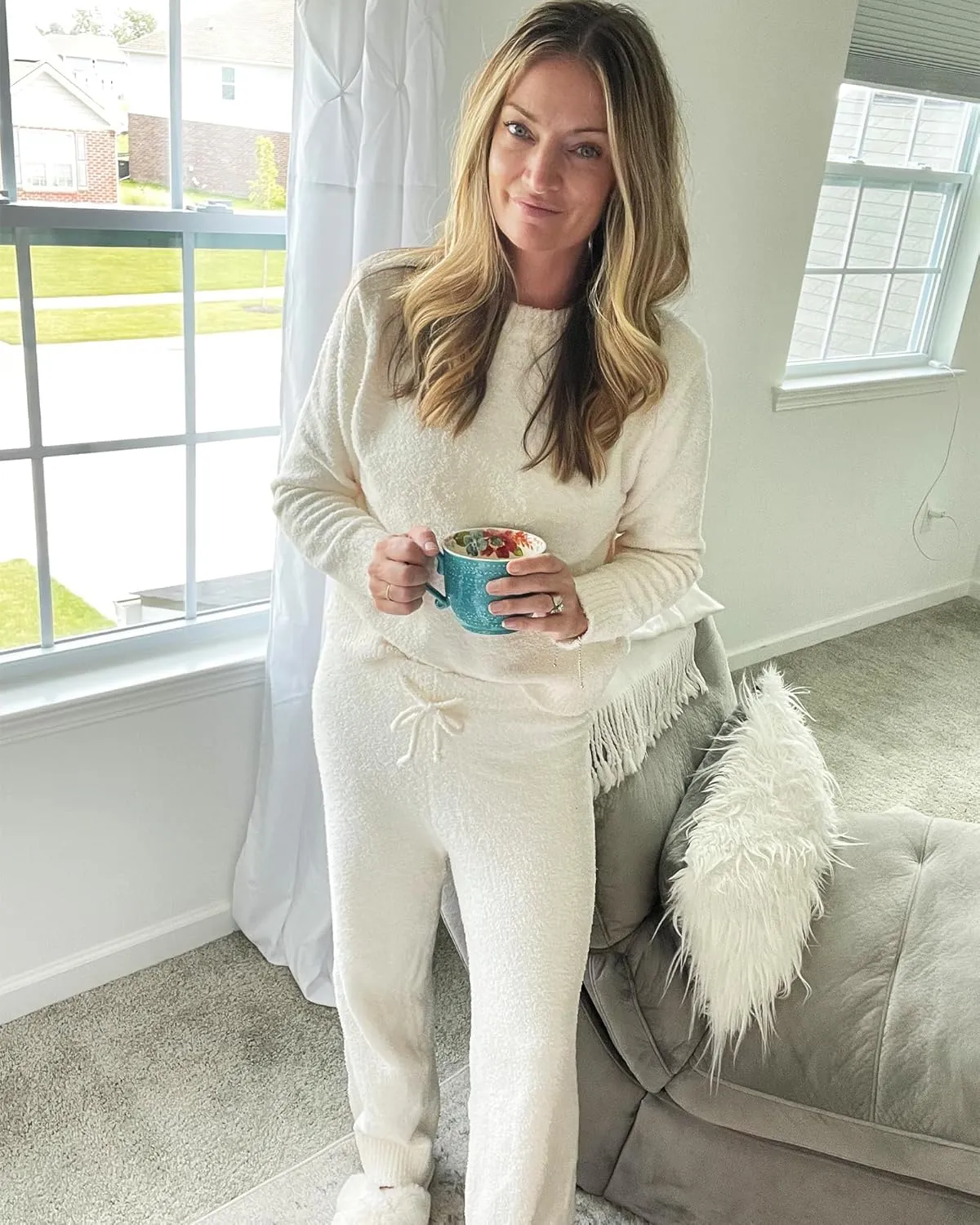 luvamia Women's Casual Pajama Set Fuzzy Fleece Knitted Long Sleeve Pj Loungewear
