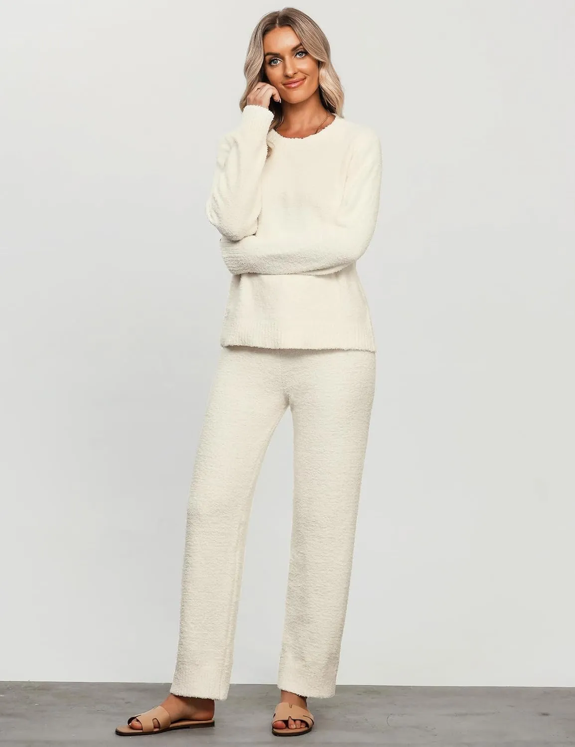 luvamia Women's Casual Pajama Set Fuzzy Fleece Knitted Long Sleeve Pj Loungewear