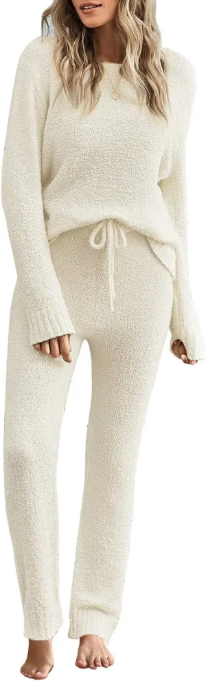 luvamia Women's Casual Pajama Set Fuzzy Fleece Knitted Long Sleeve Pj Loungewear