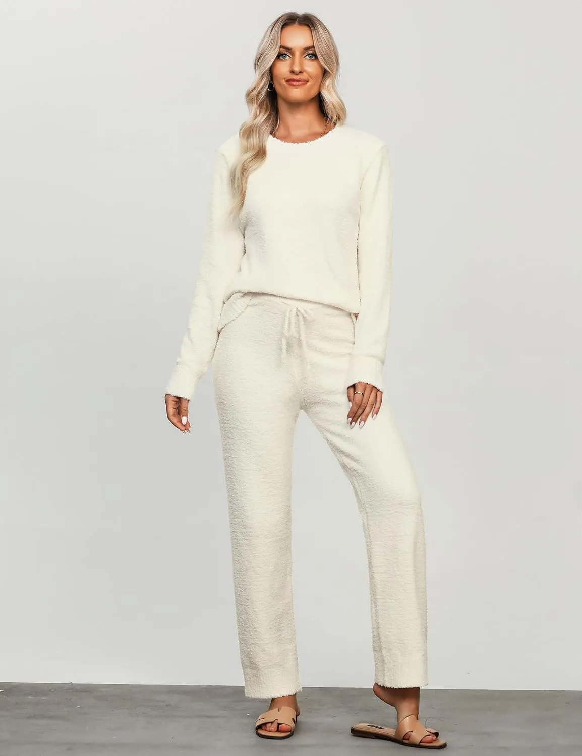 luvamia Women's Casual Pajama Set Fuzzy Fleece Knitted Long Sleeve Pj Loungewear