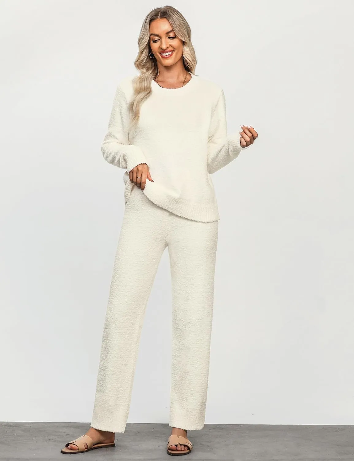 luvamia Women's Casual Pajama Set Fuzzy Fleece Knitted Long Sleeve Pj Loungewear