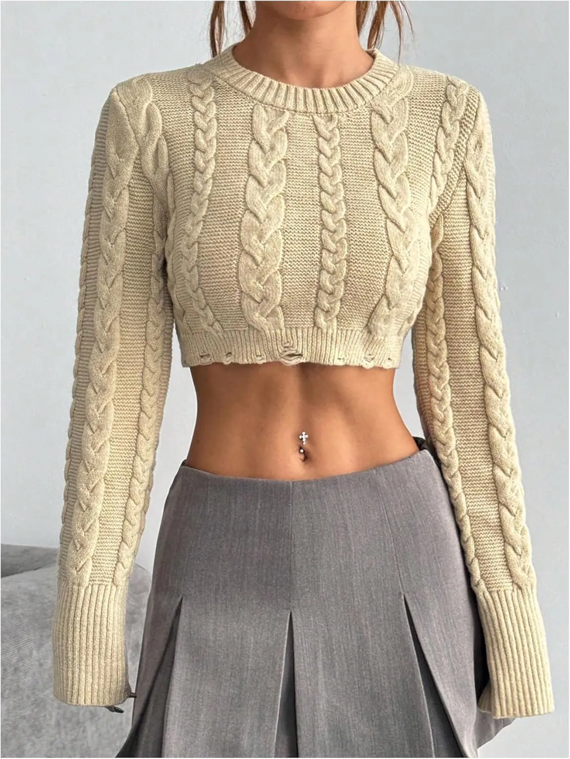 MakeMeChic Women's Cable Knit Sweater Crew Neck Long Sleeve Ripped Sweater Crop Y2K Pullovers