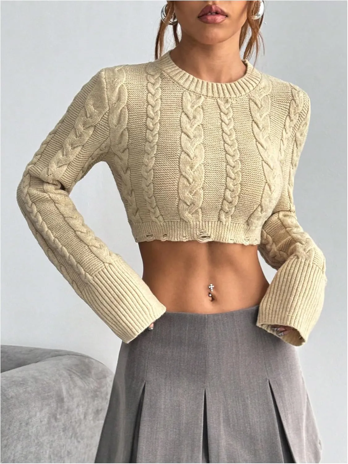 MakeMeChic Women's Cable Knit Sweater Crew Neck Long Sleeve Ripped Sweater Crop Y2K Pullovers