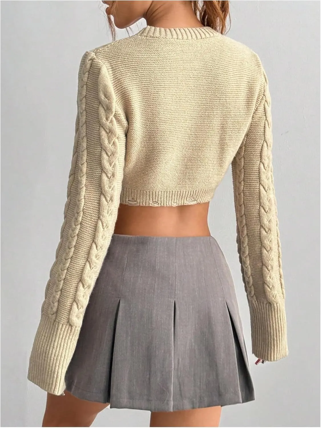 MakeMeChic Women's Cable Knit Sweater Crew Neck Long Sleeve Ripped Sweater Crop Y2K Pullovers