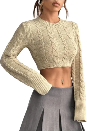 MakeMeChic Women's Cable Knit Sweater Crew Neck Long Sleeve Ripped Sweater Crop Y2K Pullovers