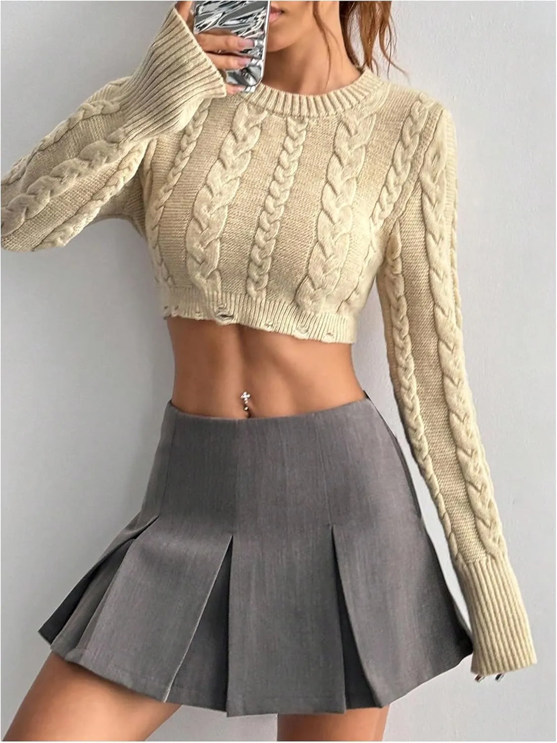 MakeMeChic Women's Cable Knit Sweater Crew Neck Long Sleeve Ripped Sweater Crop Y2K Pullovers