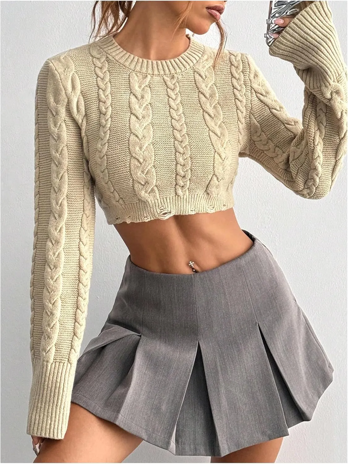 MakeMeChic Women's Cable Knit Sweater Crew Neck Long Sleeve Ripped Sweater Crop Y2K Pullovers