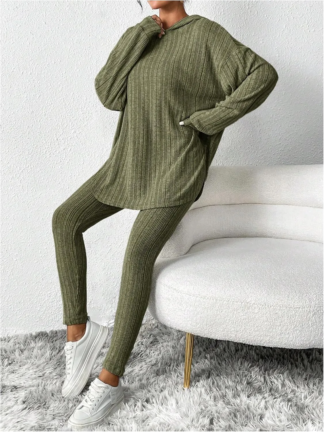 MakeMeChic Women's Casual Ribbed Knit 2 Piece Sets Lounge Sets Long Sleeve Hoodie Leggings Outfits