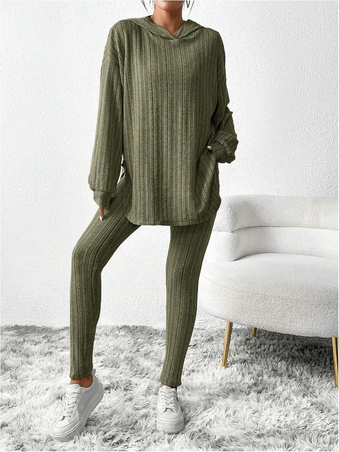 MakeMeChic Women's Casual Ribbed Knit 2 Piece Sets Lounge Sets Long Sleeve Hoodie Leggings Outfits
