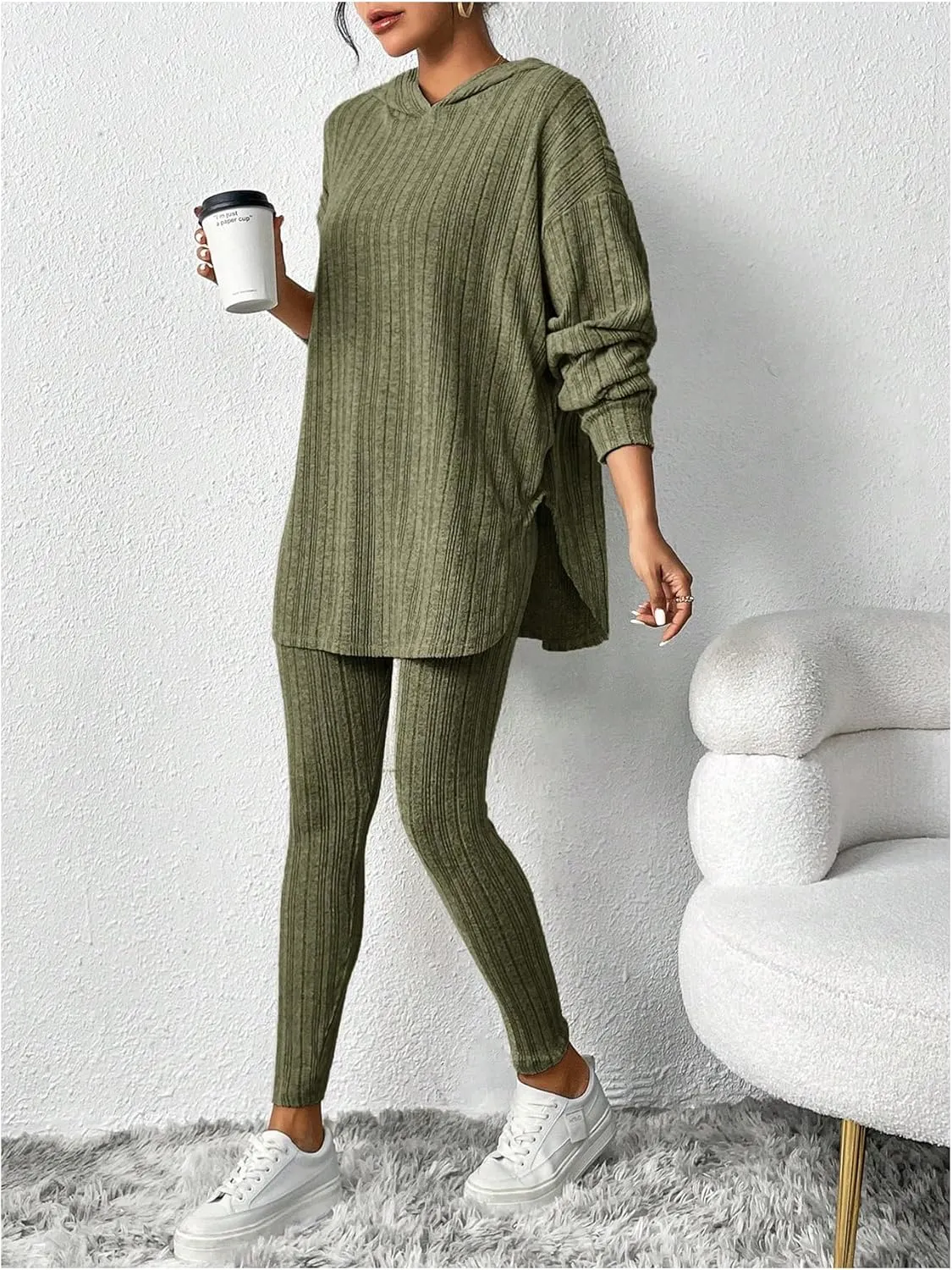 MakeMeChic Women's Casual Ribbed Knit 2 Piece Sets Lounge Sets Long Sleeve Hoodie Leggings Outfits