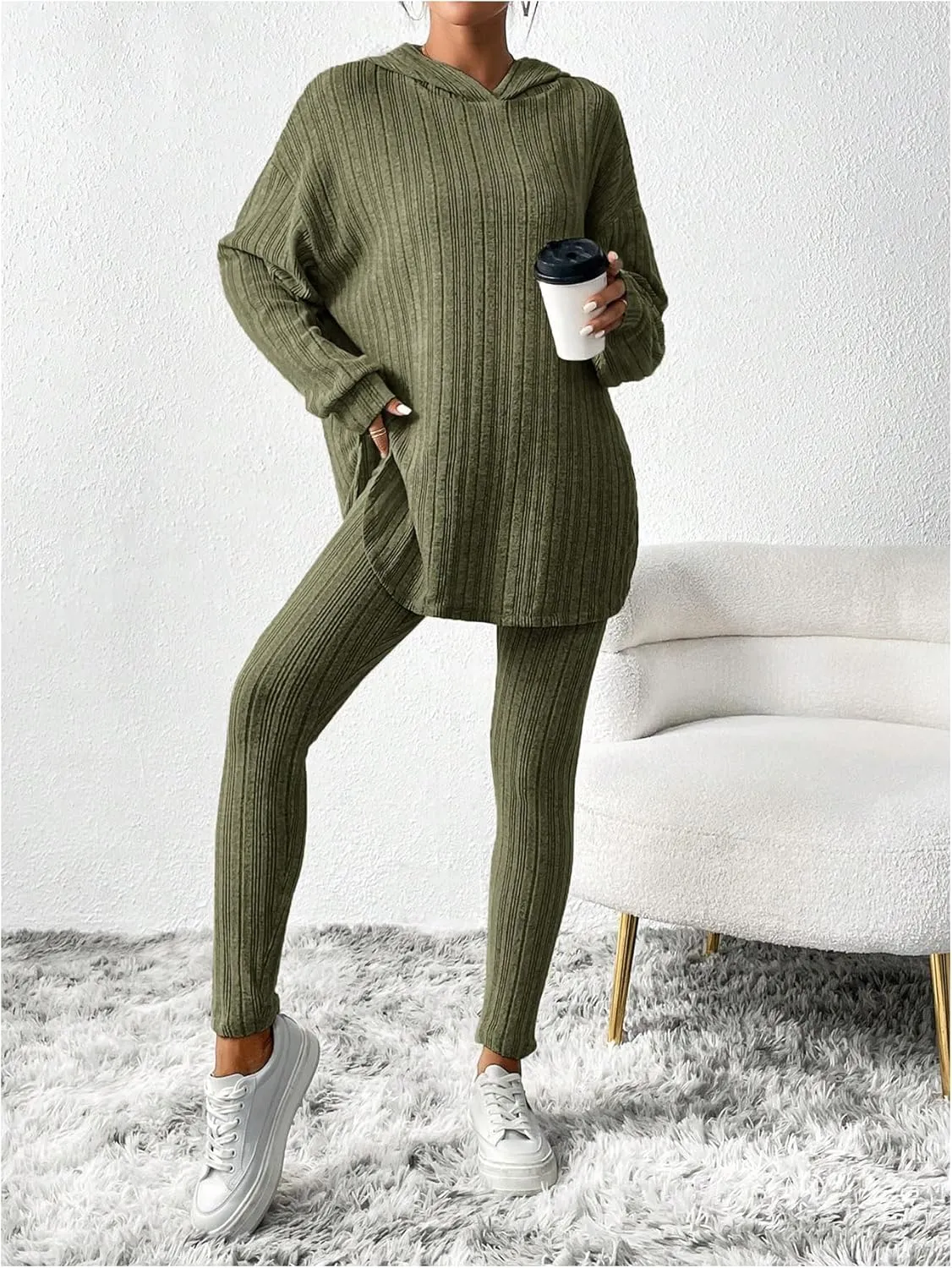 MakeMeChic Women's Casual Ribbed Knit 2 Piece Sets Lounge Sets Long Sleeve Hoodie Leggings Outfits
