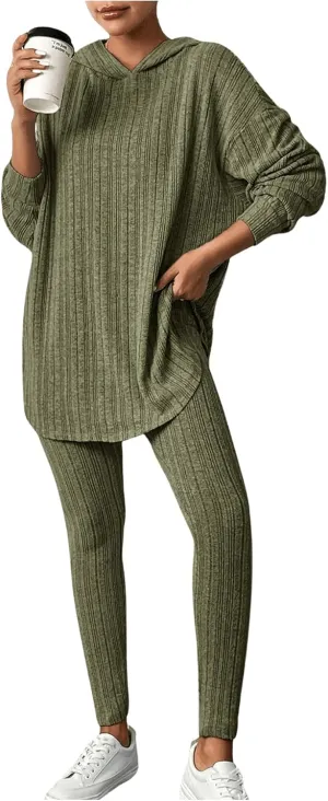 MakeMeChic Women's Casual Ribbed Knit 2 Piece Sets Lounge Sets Long Sleeve Hoodie Leggings Outfits