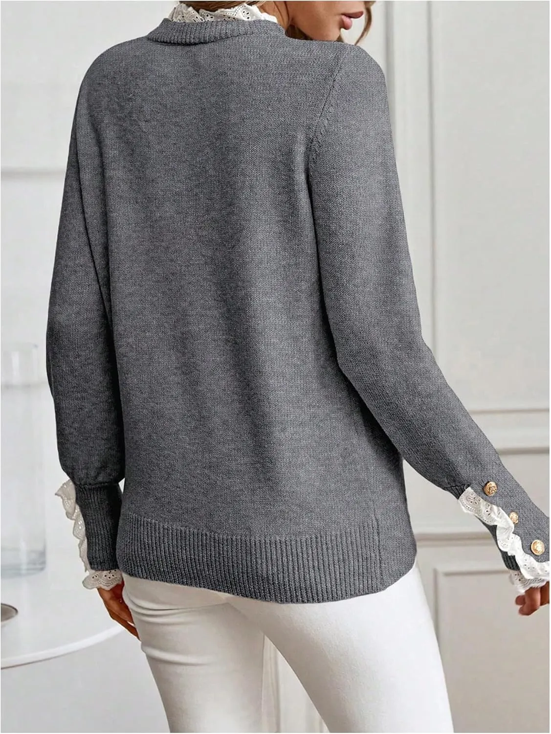 MakeMeChic Women's Crew Neck Ruffle Long Sleeve Sweater Button Knit Pullovers