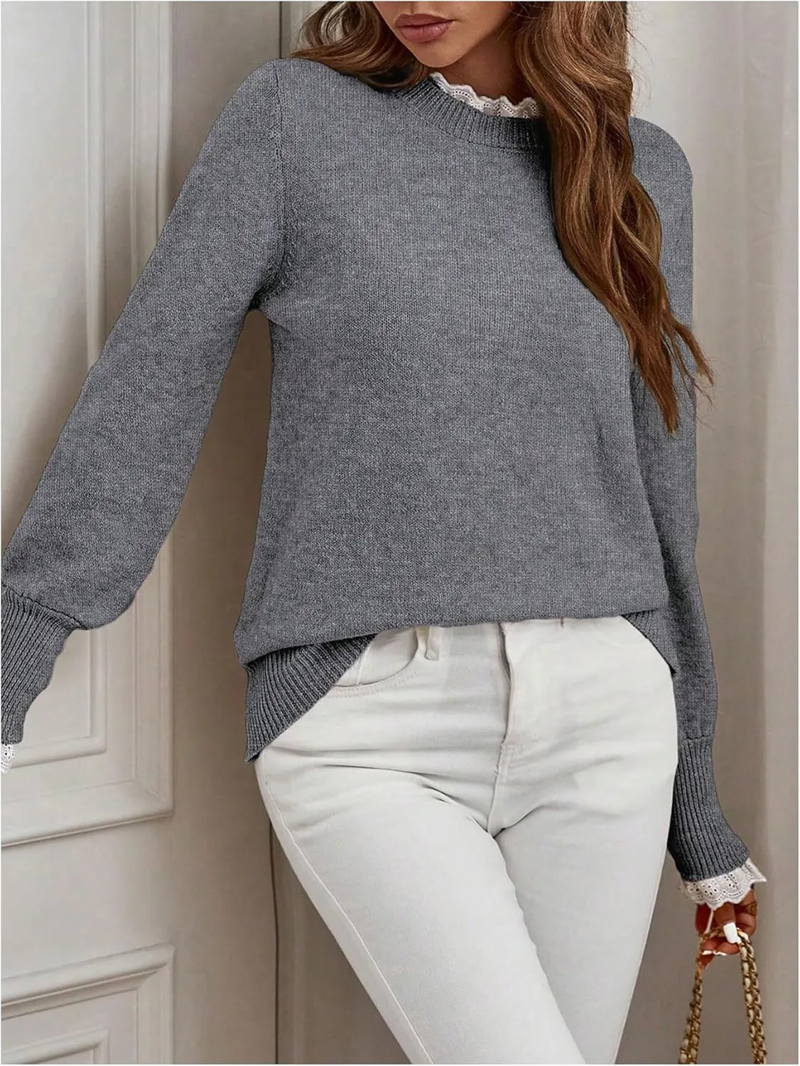 MakeMeChic Women's Crew Neck Ruffle Long Sleeve Sweater Button Knit Pullovers