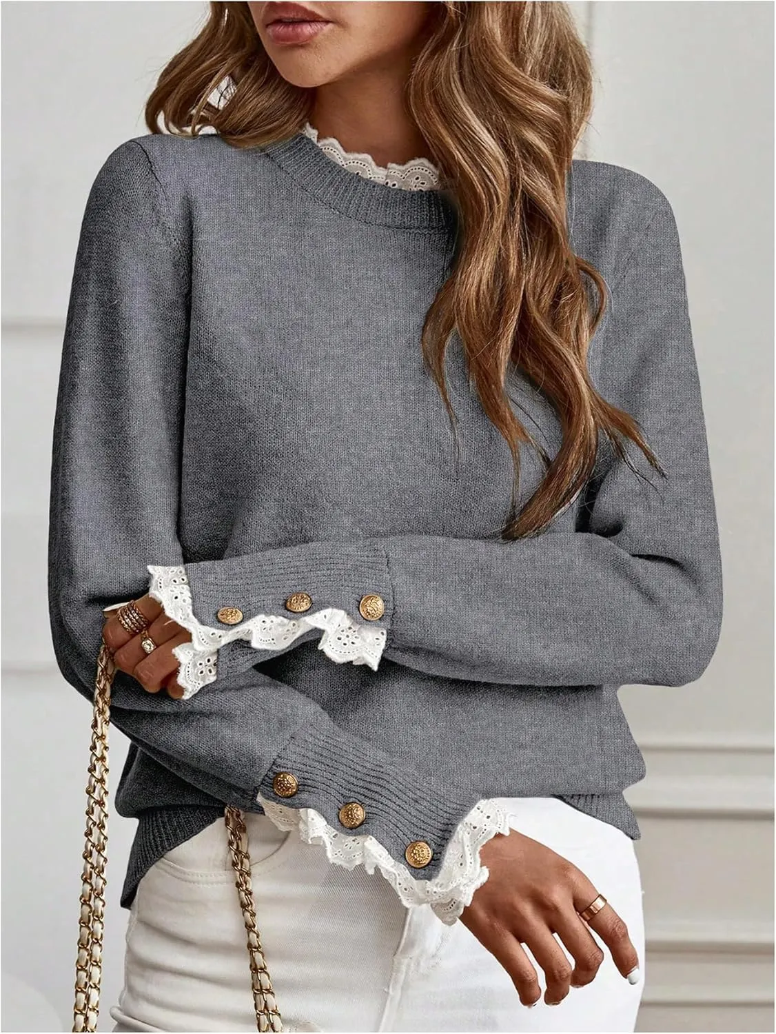 MakeMeChic Women's Crew Neck Ruffle Long Sleeve Sweater Button Knit Pullovers