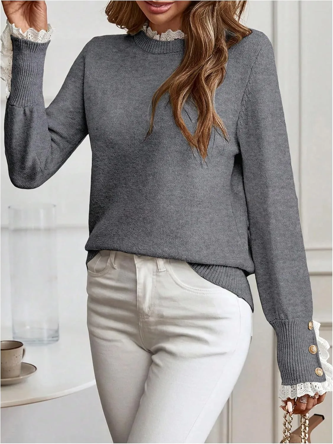MakeMeChic Women's Crew Neck Ruffle Long Sleeve Sweater Button Knit Pullovers