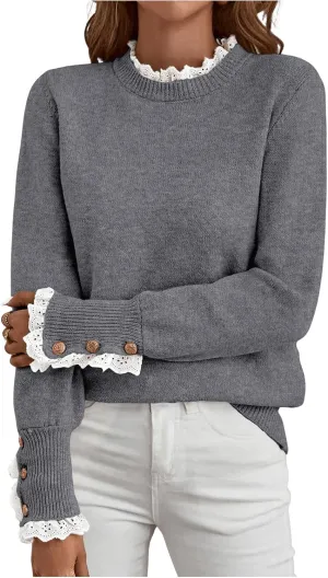 MakeMeChic Women's Crew Neck Ruffle Long Sleeve Sweater Button Knit Pullovers