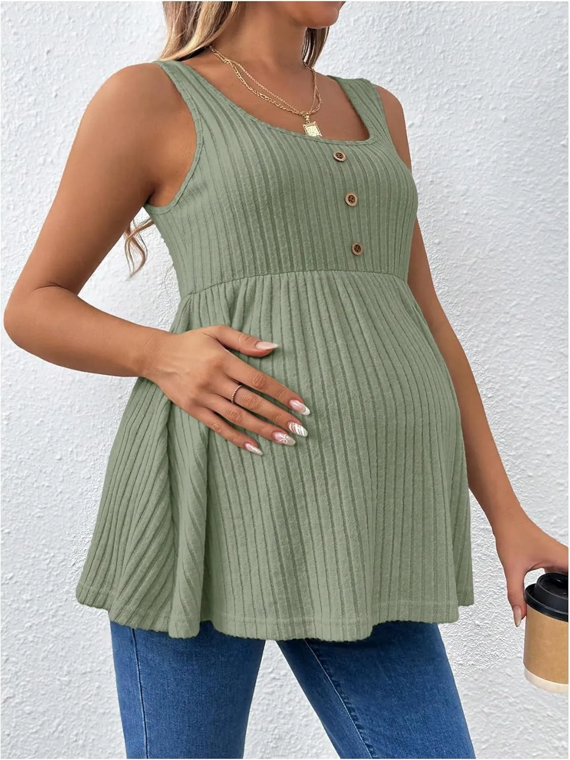 MakeMeChic Women's Maternity Tank Tops Summer Rib Knitted Flared Hem Sleeveless Buttoned Pregnancy Shirt Tops