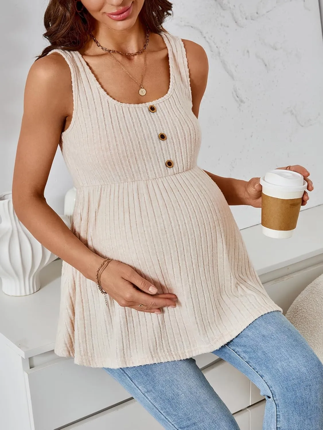 MakeMeChic Women's Maternity Tank Tops Summer Rib Knitted Flared Hem Sleeveless Buttoned Pregnancy Shirt Tops